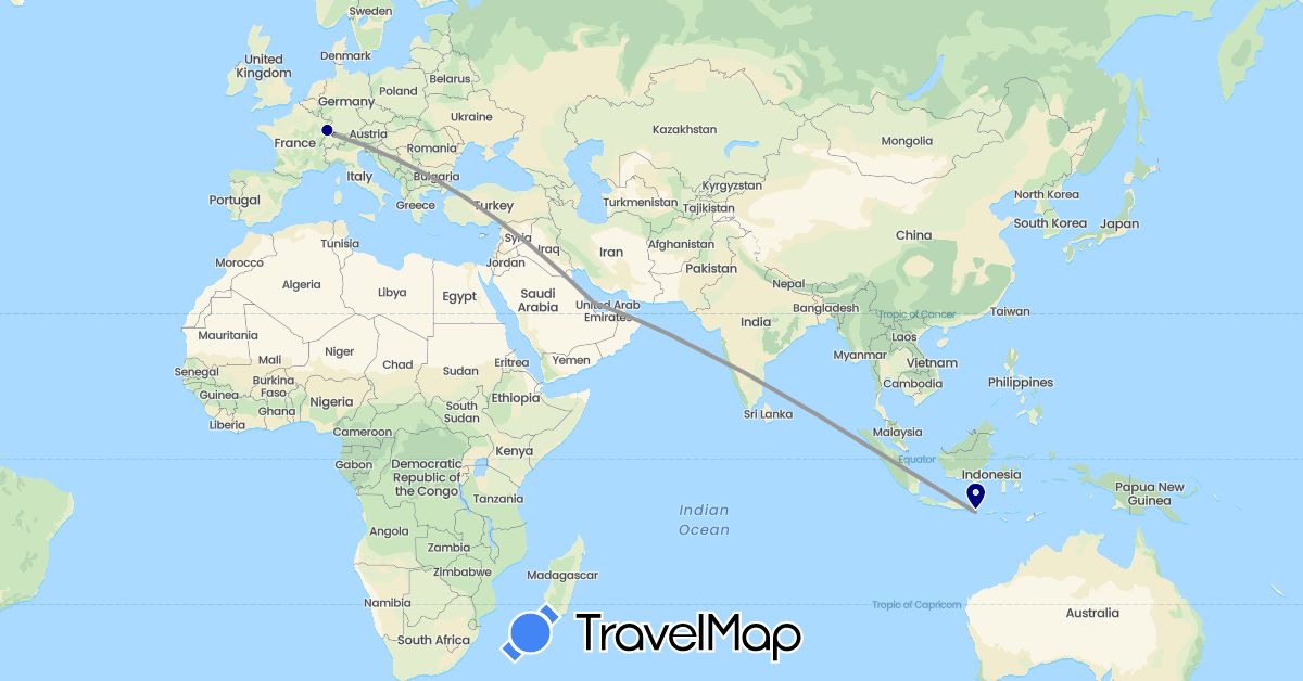 TravelMap itinerary: driving, plane in Switzerland, France, Indonesia, Qatar (Asia, Europe)